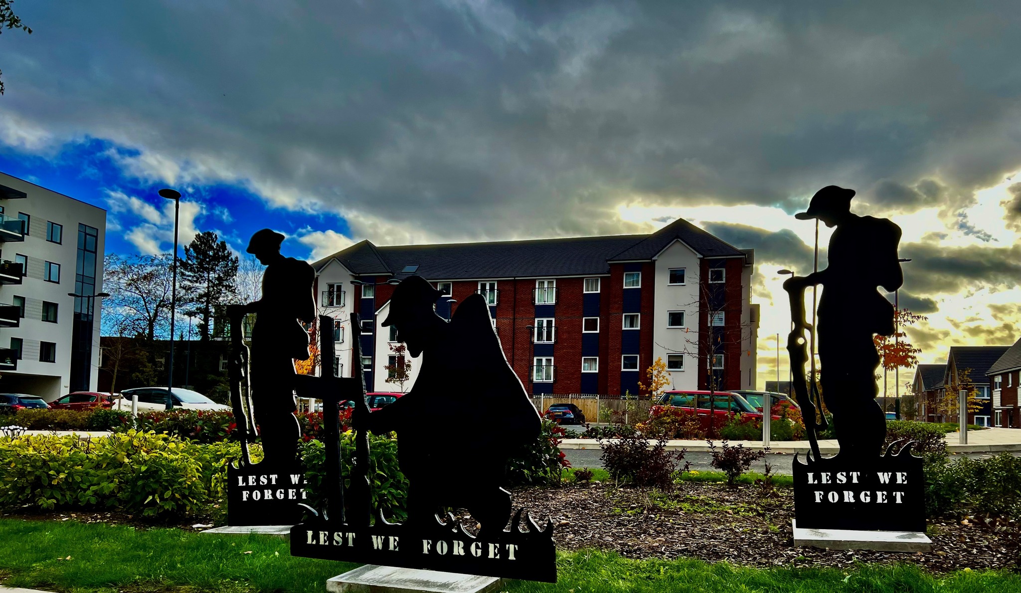 Solihull Village's display with silhouette card soldiers outside the village