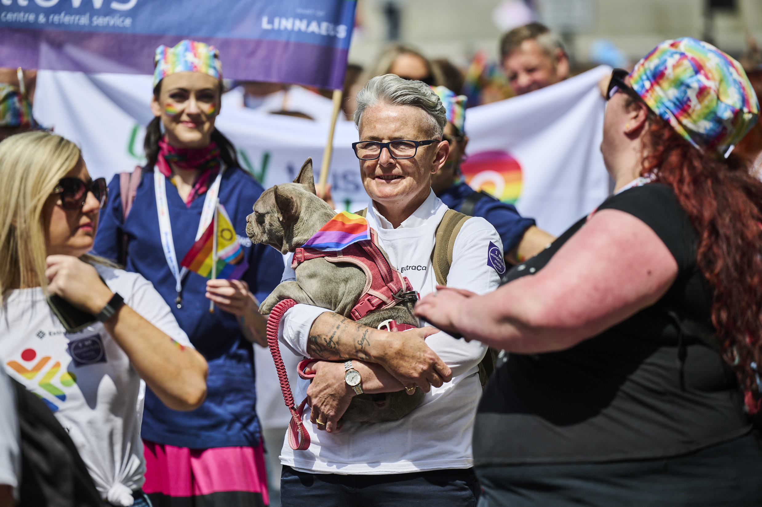 An individual holds a dog.